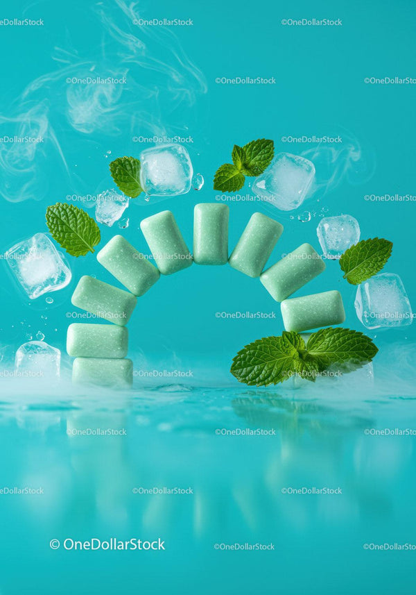 Fresh mint gum with ice cubes and smoky vapor