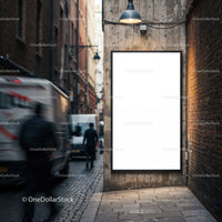 Blank urban billboard on narrow city street wall