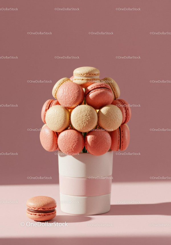 Macaron bouquet in ceramic vase on pastel background