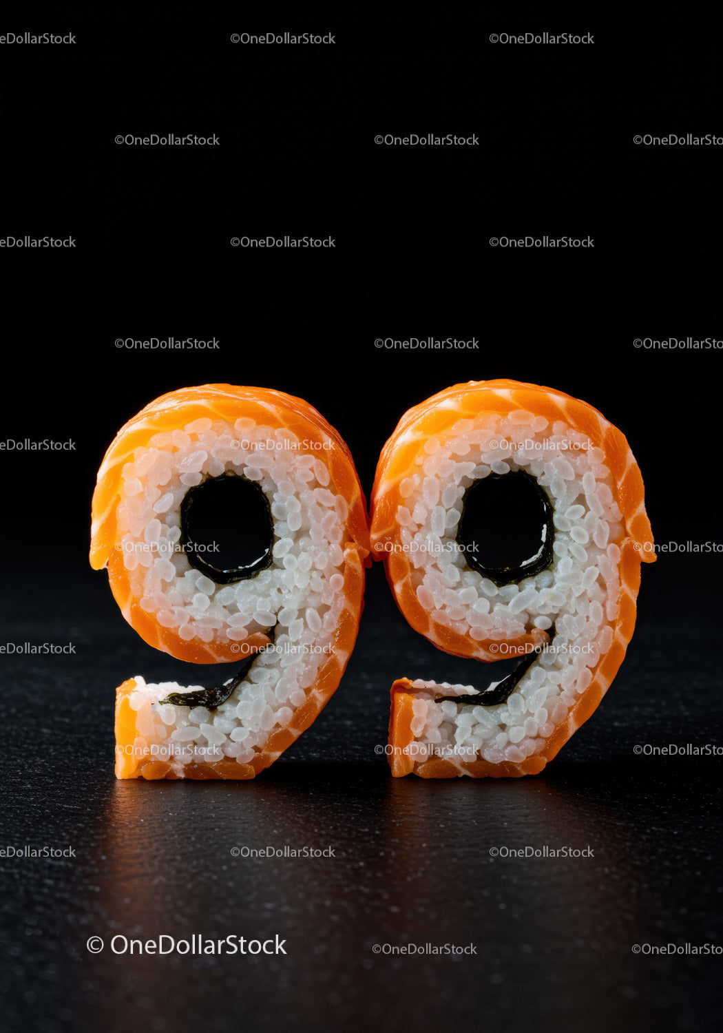 Creative sushi rolls shaped as bold number ninety nine