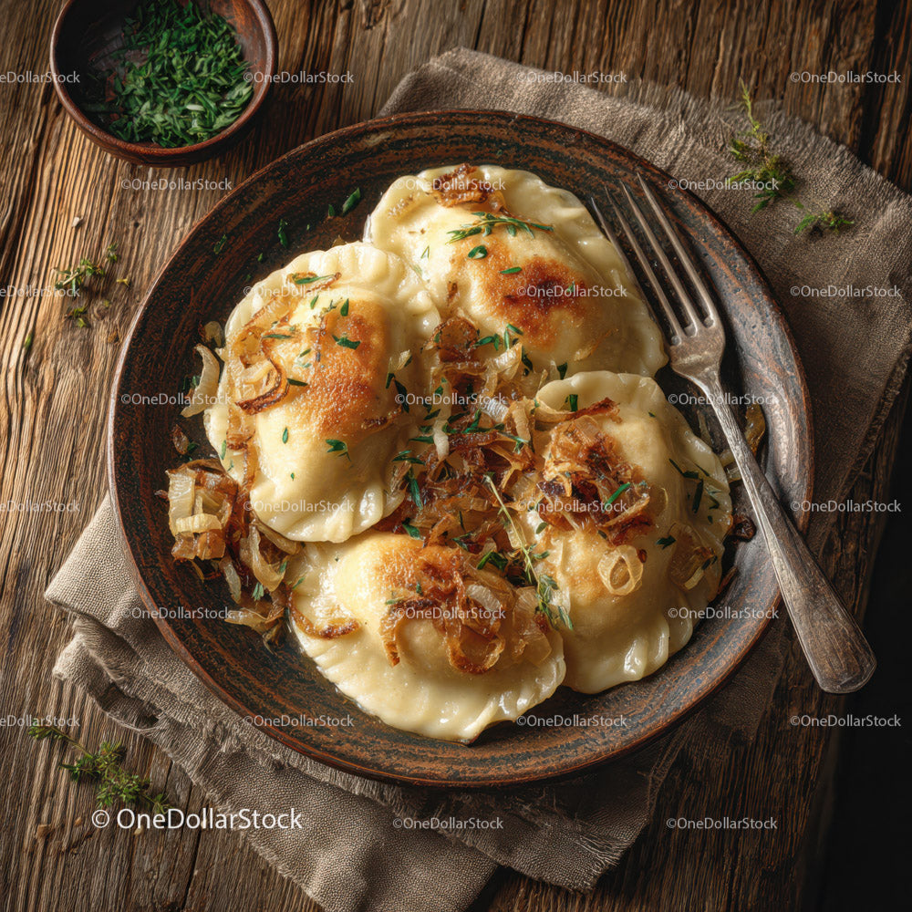 Potato Pierogi with Fried Onions and Fresh Herbs on Rustic Plate