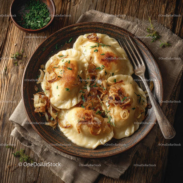 Potato Pierogi with Fried Onions and Fresh Herbs on Rustic Plate