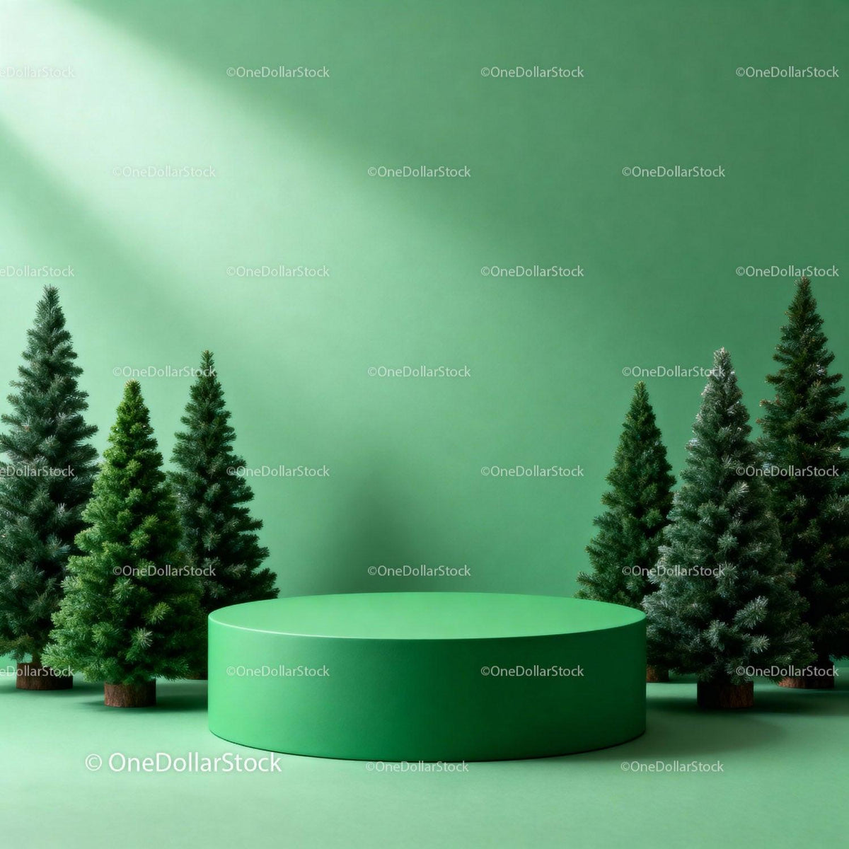 Minimal Green Display Podium Surrounded by Pine Trees