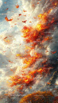 Autumnal Firestorm with Orange Flames and Stormy Sky