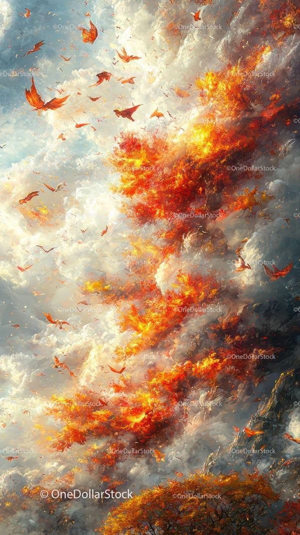 Autumnal Firestorm with Orange Flames and Stormy Sky