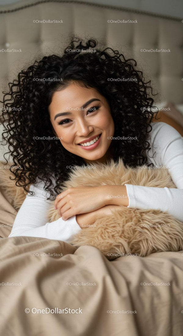Smiling woman lying on bed with cozy pillow