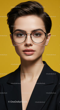 Stylish Woman Wearing Glasses in Professional Portrait on Yellow Background