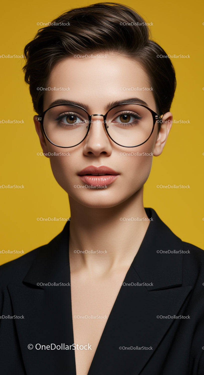 Stylish Woman Wearing Glasses in Professional Portrait on Yellow Background