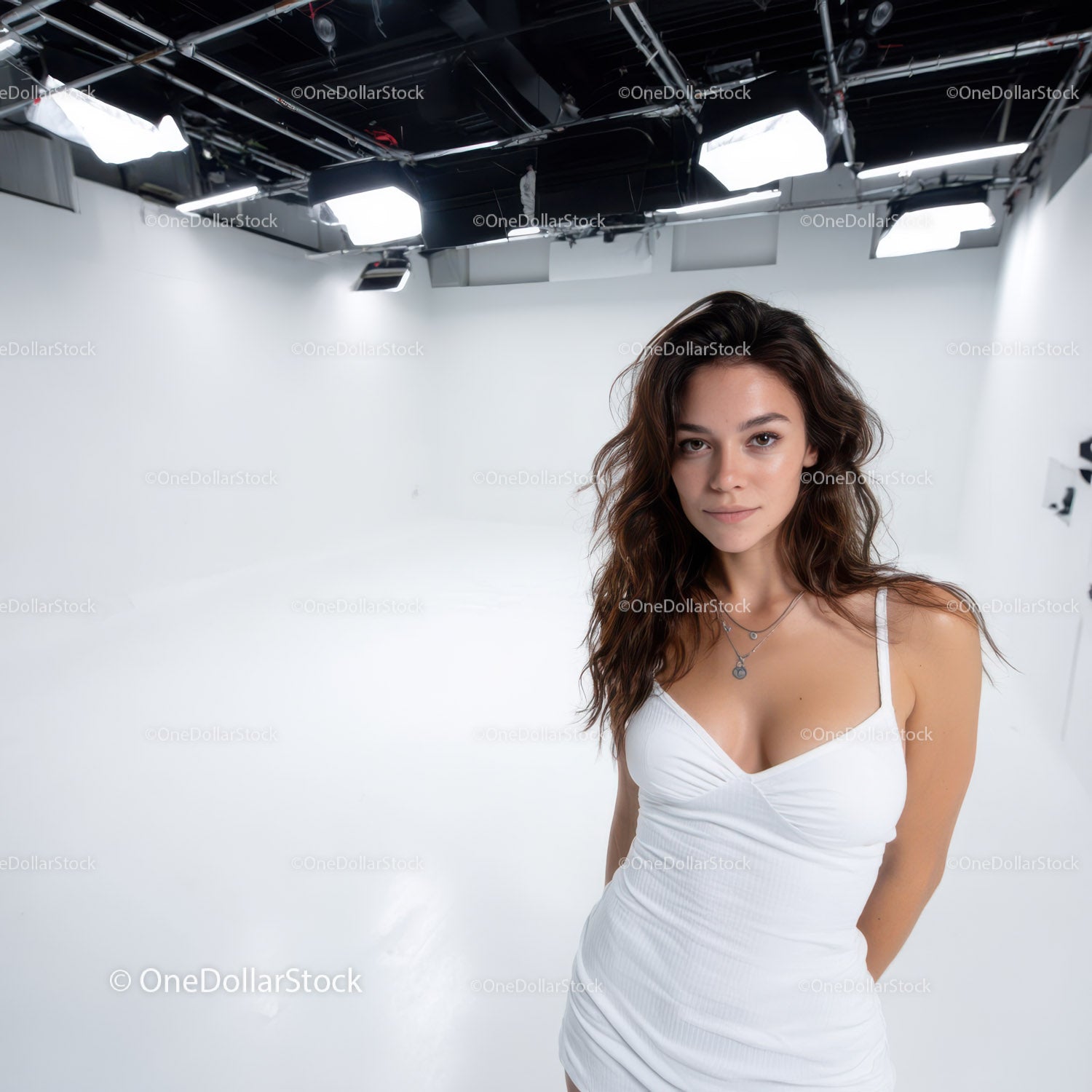 Female Model in White Dress in Studio Setting for Fashion Photography