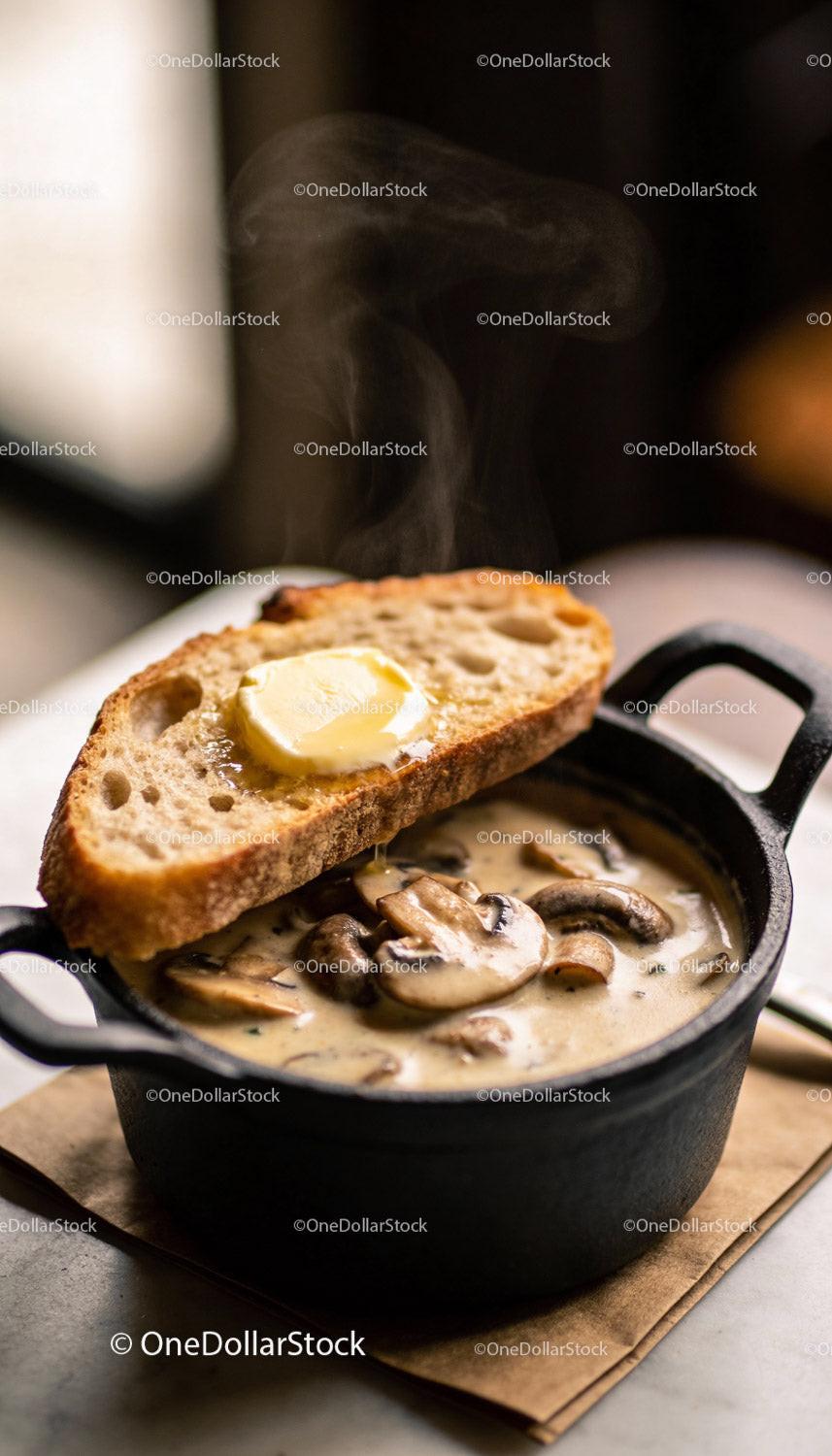 Creamy Mushroom Soup with Buttered Rustic Bread