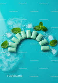 Mint Chewing Gum with Ice and Fresh Mint Leaves