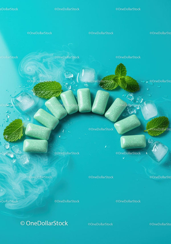 Mint Chewing Gum with Ice and Fresh Mint Leaves