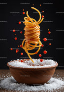 Twisted spaghetti noodles with floating red sauce drops