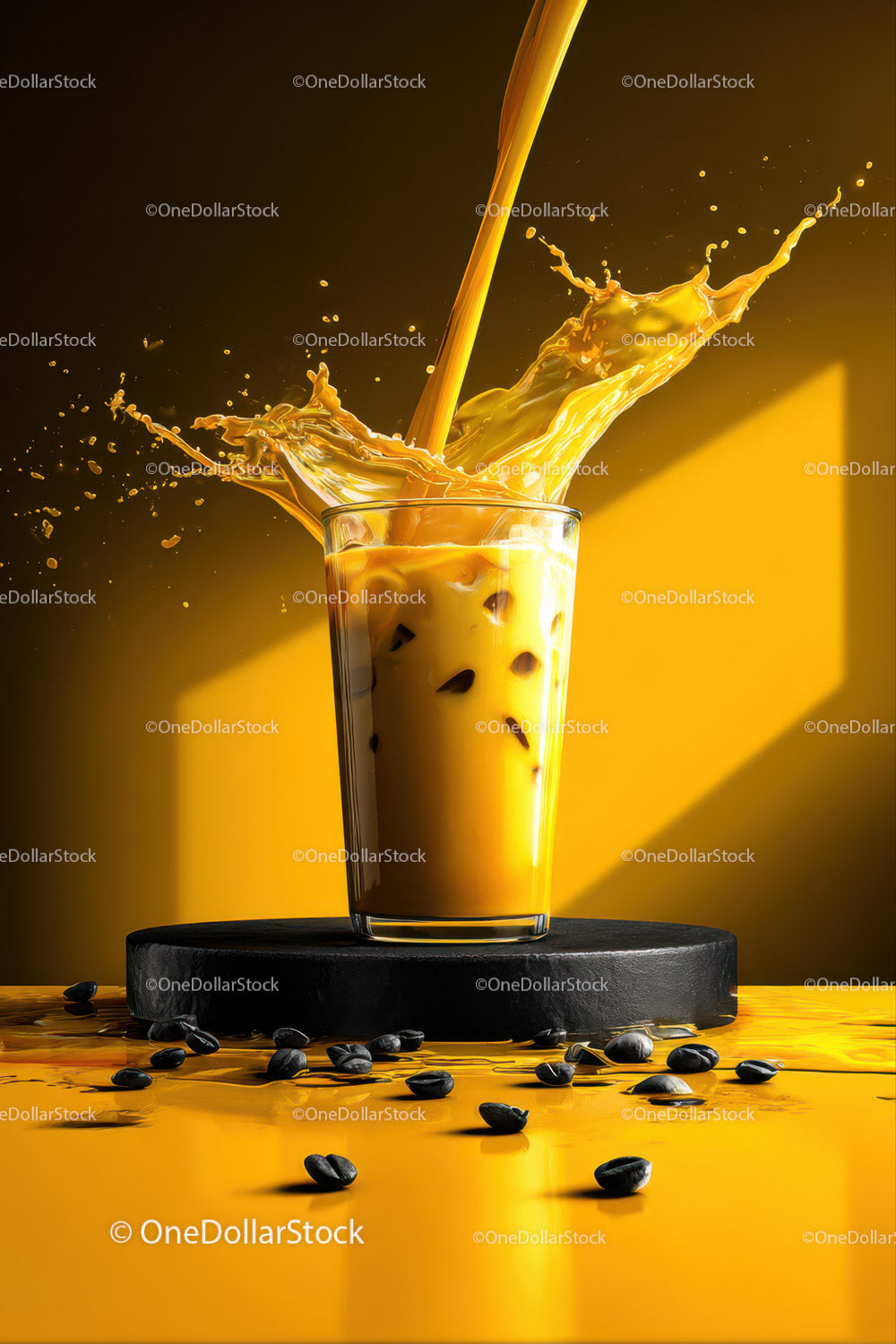 Vibrant Coffee Splash with Ice Cubes in Glass on Yellow Background