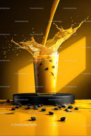 Vibrant Coffee Splash with Ice Cubes in Glass on Yellow Background