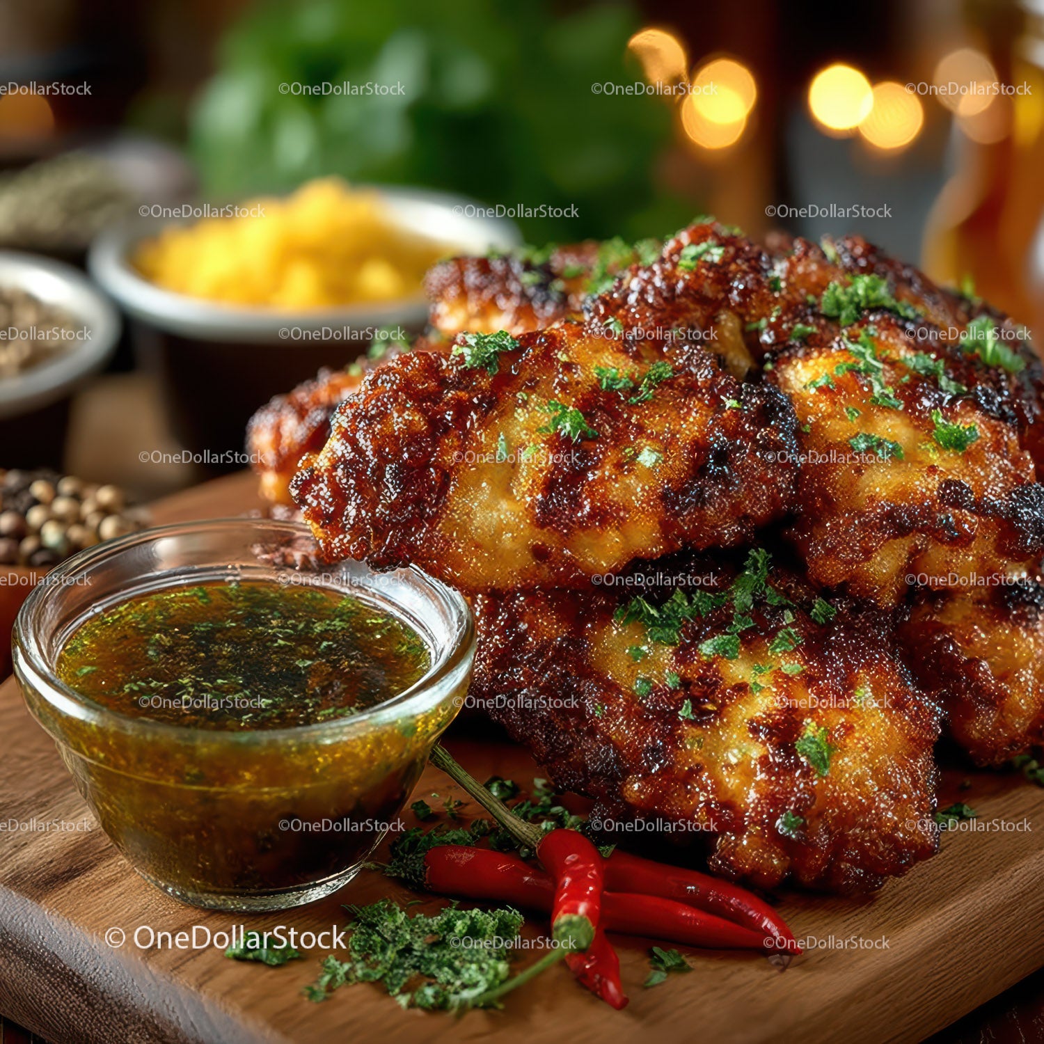 Crispy Fried Chicken with Spicy Herb Sauce and Fresh Chili