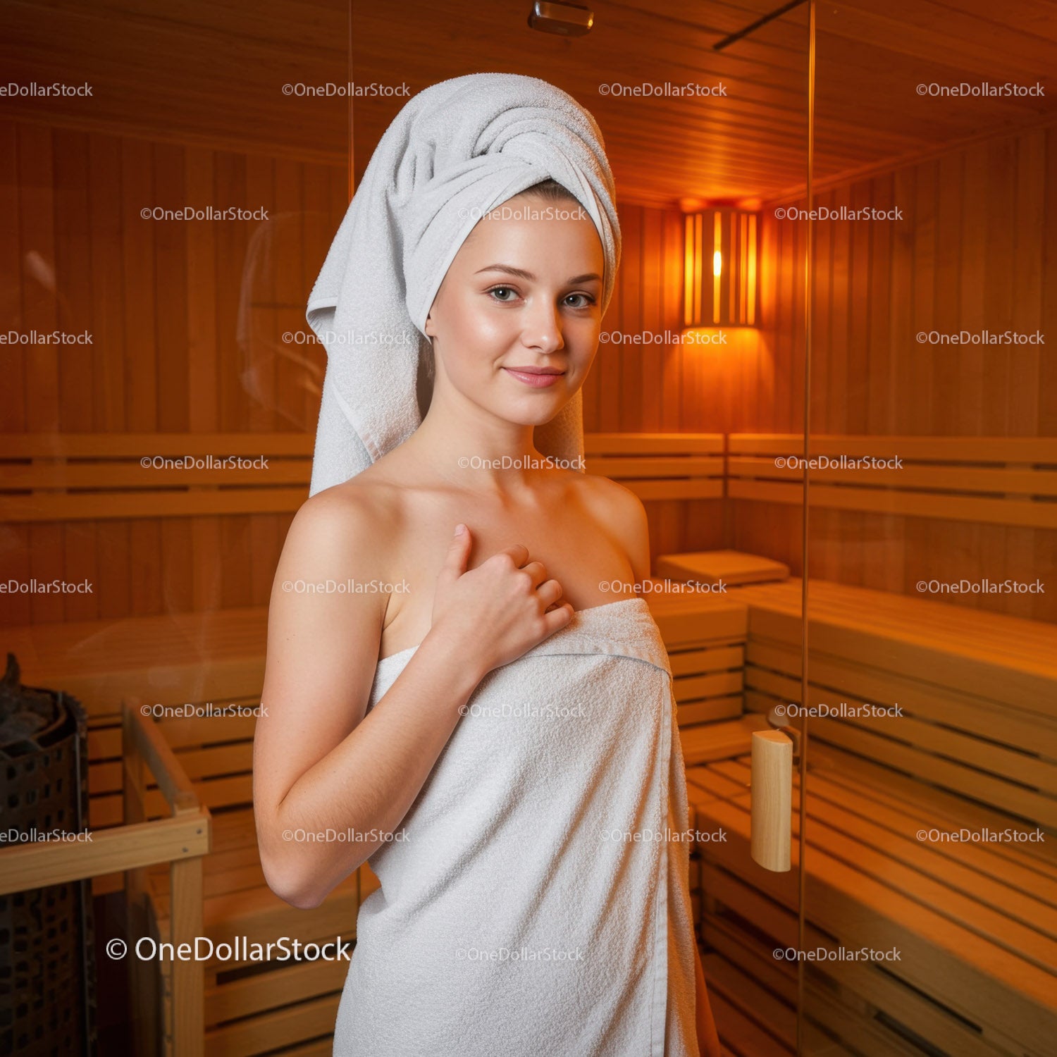 Young Woman Relaxing in Sauna With Towel Wrapped Around Her Head