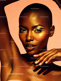 Confident woman with golden makeup posing in warm light