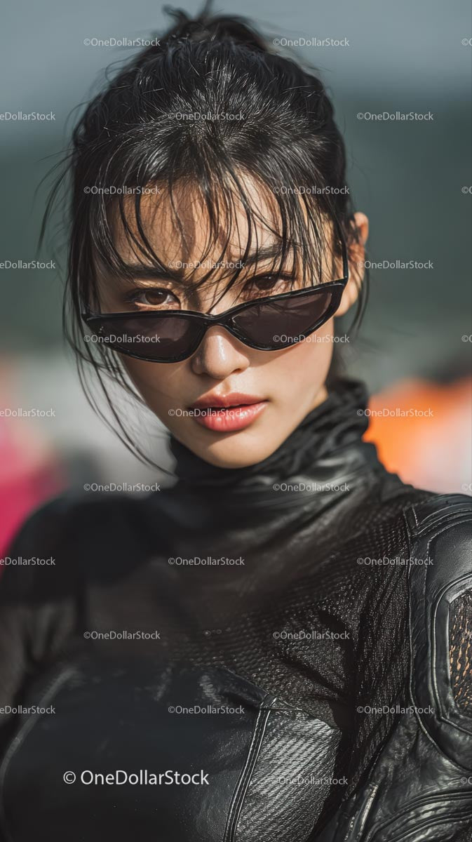 Confident Young Woman in Stylish Black Outfit and Sunglasses
