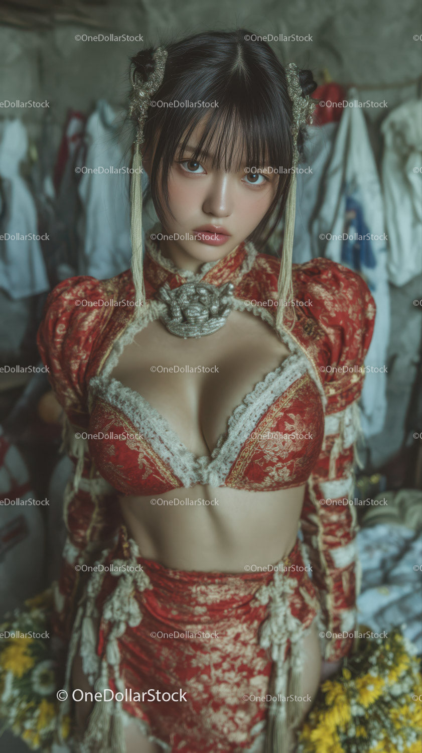 Young Woman in Red Traditional Chinese Dress with Jewelry