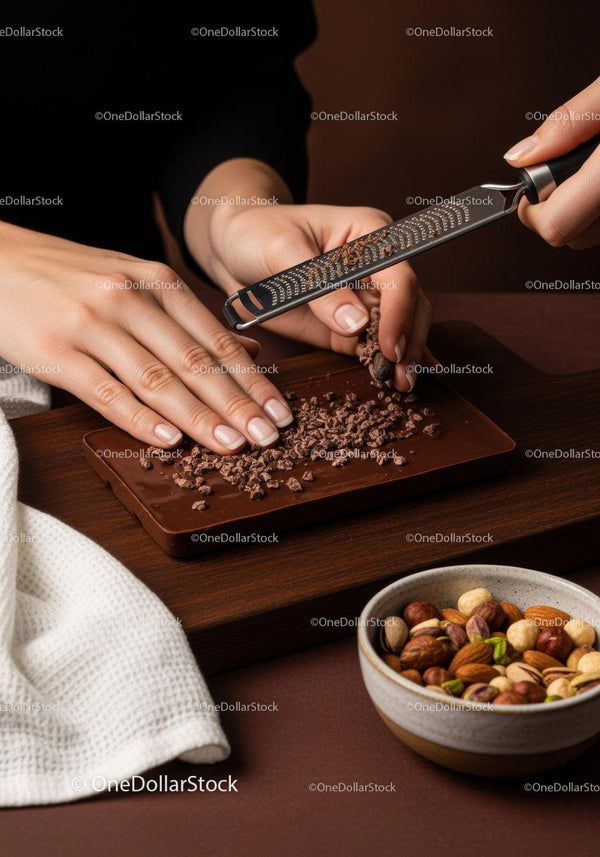 Kobieta ścierająca ciemną czekoladę do przygotowania deseru gourmet