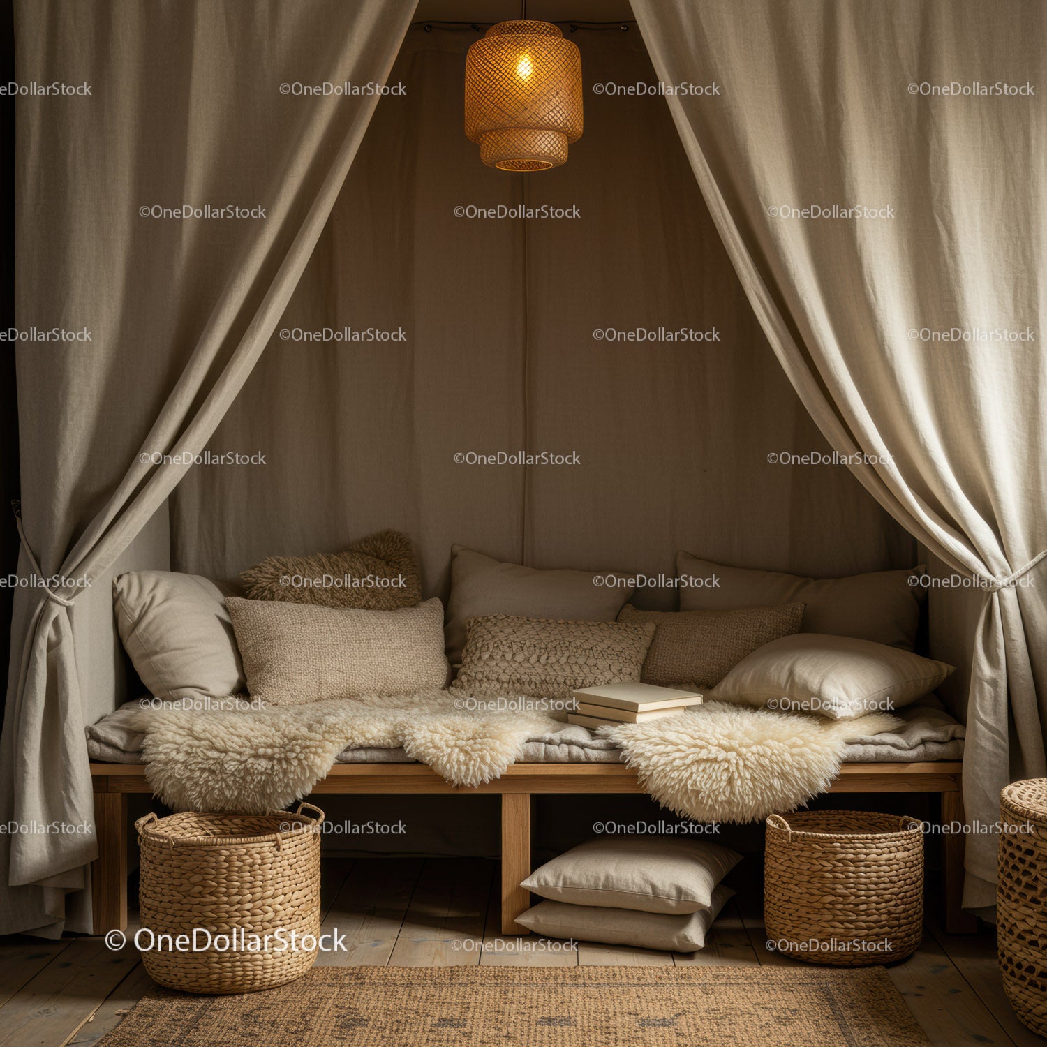 Cozy reading nook with neutral cushions and soft lighting