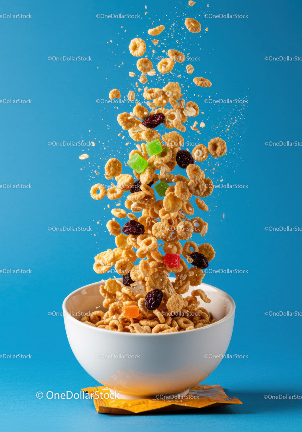 Flying breakfast cereal with colorful dried fruit pieces