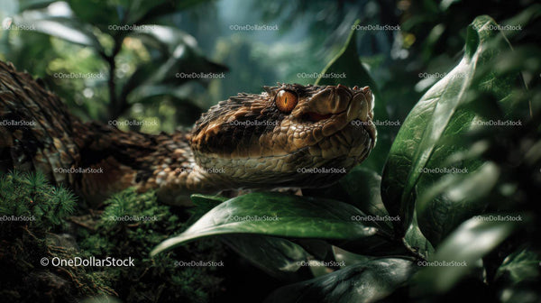 Close-up of a Camouflaged Snake in Dense Jungle Vegetation