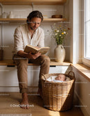 Father Reading Book While Baby Sleeps in Basket