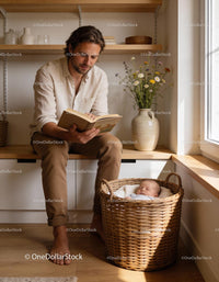 Father Reading Book While Baby Sleeps in Basket