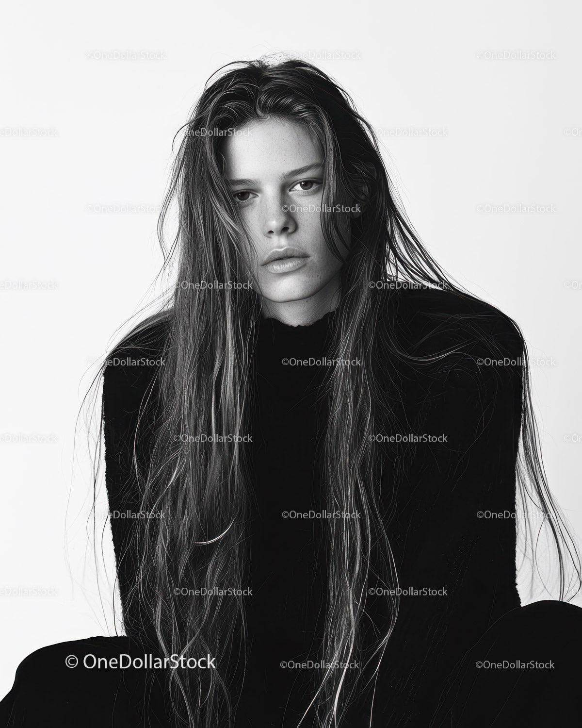 Portrait of a Young Woman with Long Hair in Monochrome Style
