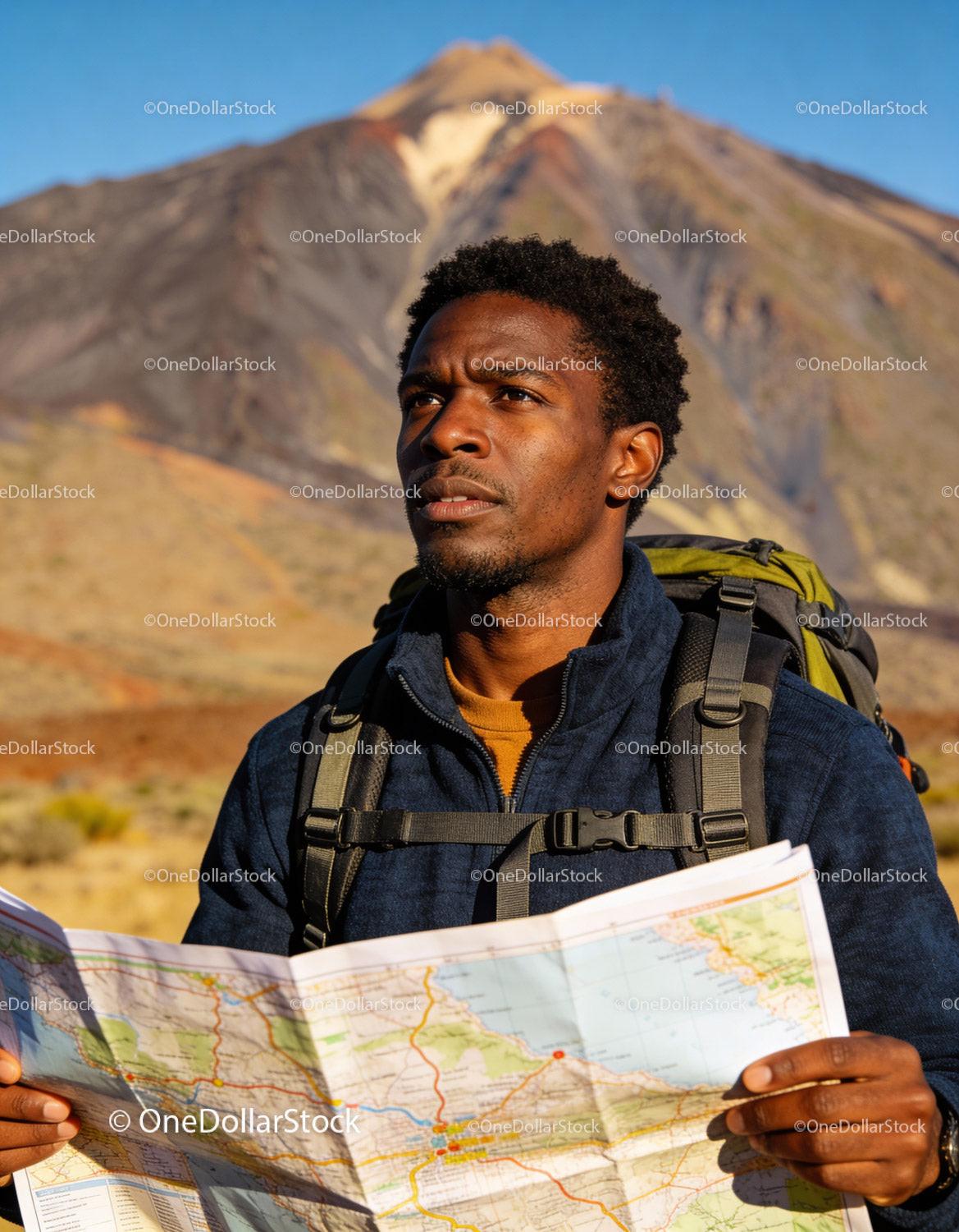 Outdoor Enthusiast Navigating Trail with Map and Backpack