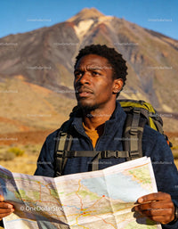 Outdoor Enthusiast Navigating Trail with Map and Backpack