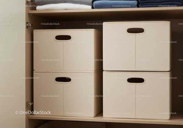 Beige Storage Bins for Home Organization on Wooden Shelf