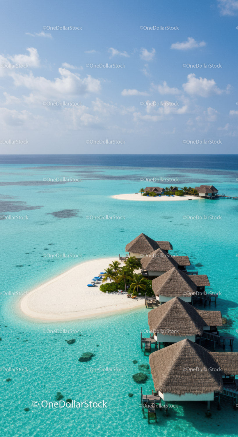 Overwater Bungalows on a Tropical Island with Turquoise Water and White Sand