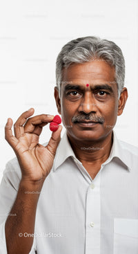 Elderly South Asian Man Holding Raspberry in a Bright Studio