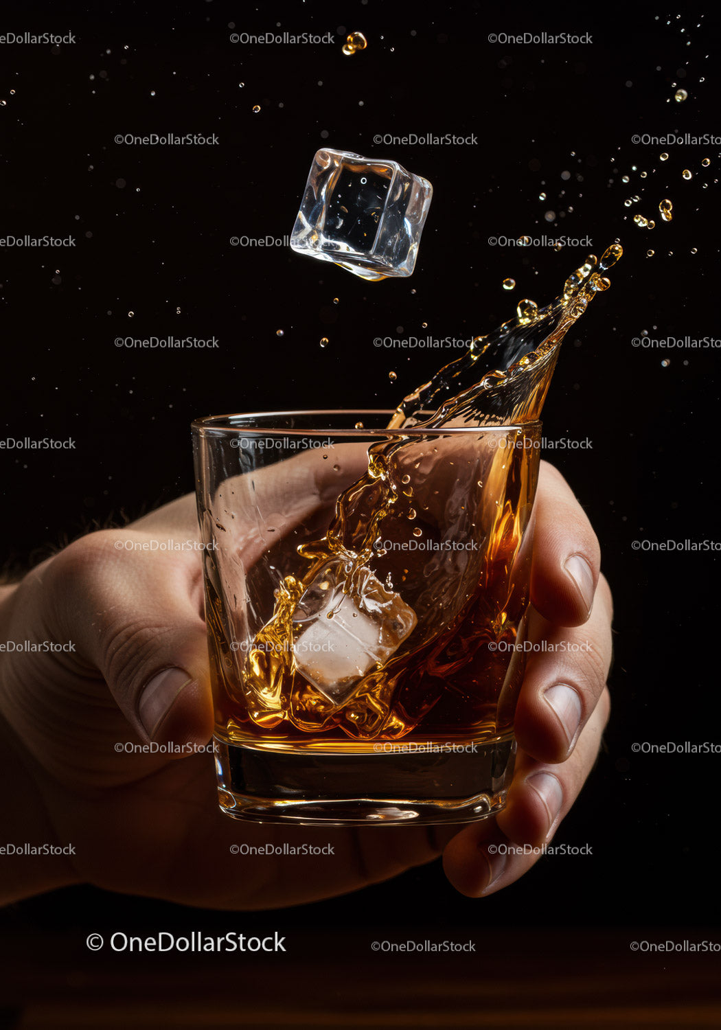 Whiskey splash with ice cubes in clear glass held by hand