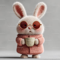Cute Bunny Wearing Sunglasses and Cozy Pink Sweater Holding Coffee Mug