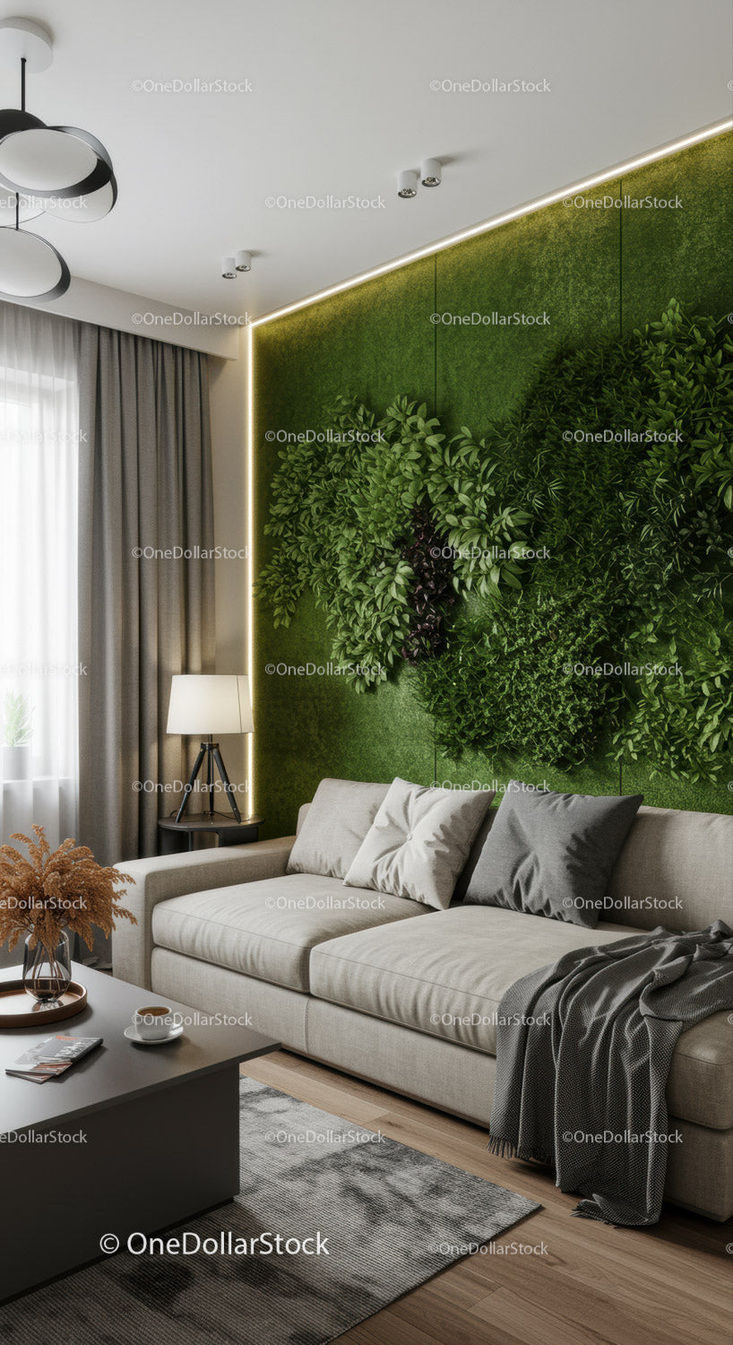 Nowoczesny salon z zieloną ścianą roślinną i przytulną sofą – stylowy wystrój domu