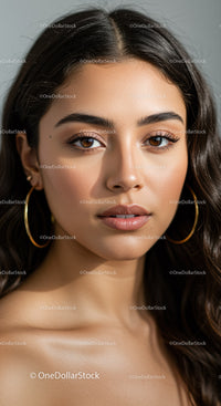 Close-up Portrait of a Young Woman with Brown Eyes and Gold Jewelry