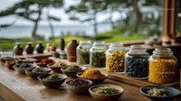 Herbal Spices in Glass Jars and Bowls on Wooden Table with Green Background