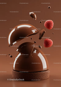 Deconstructed chocolate dome dessert with fresh raspberries