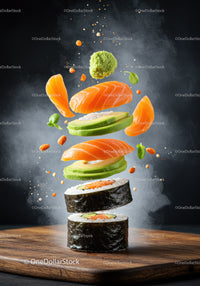 Fresh salmon and avocado sushi roll with flying ingredients