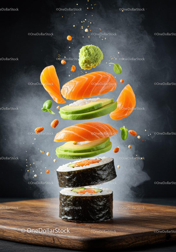 Fresh salmon and avocado sushi roll with flying ingredients