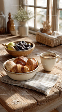 Rustic Kitchen Morning Scene with Croissants Coffee and Fresh Fruit