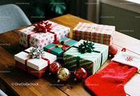 Festive Christmas gifts and stocking on wooden table