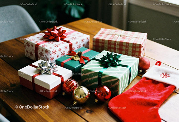 Festive Christmas gifts and stocking on wooden table