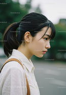 Elegant Young Woman in Beige Shirt with Black Ponytail Outdoors