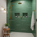 Modern bathroom with green tiled walk in shower