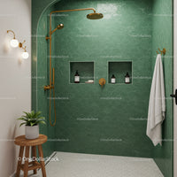 Modern bathroom with green tiled walk in shower